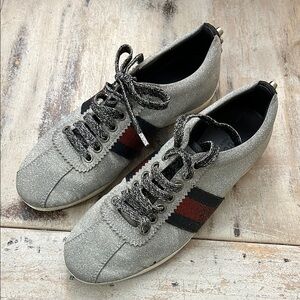 100% AUTH  GUCCI  BAMBI GLITTER STUD SILVER SNEAKERS Womens